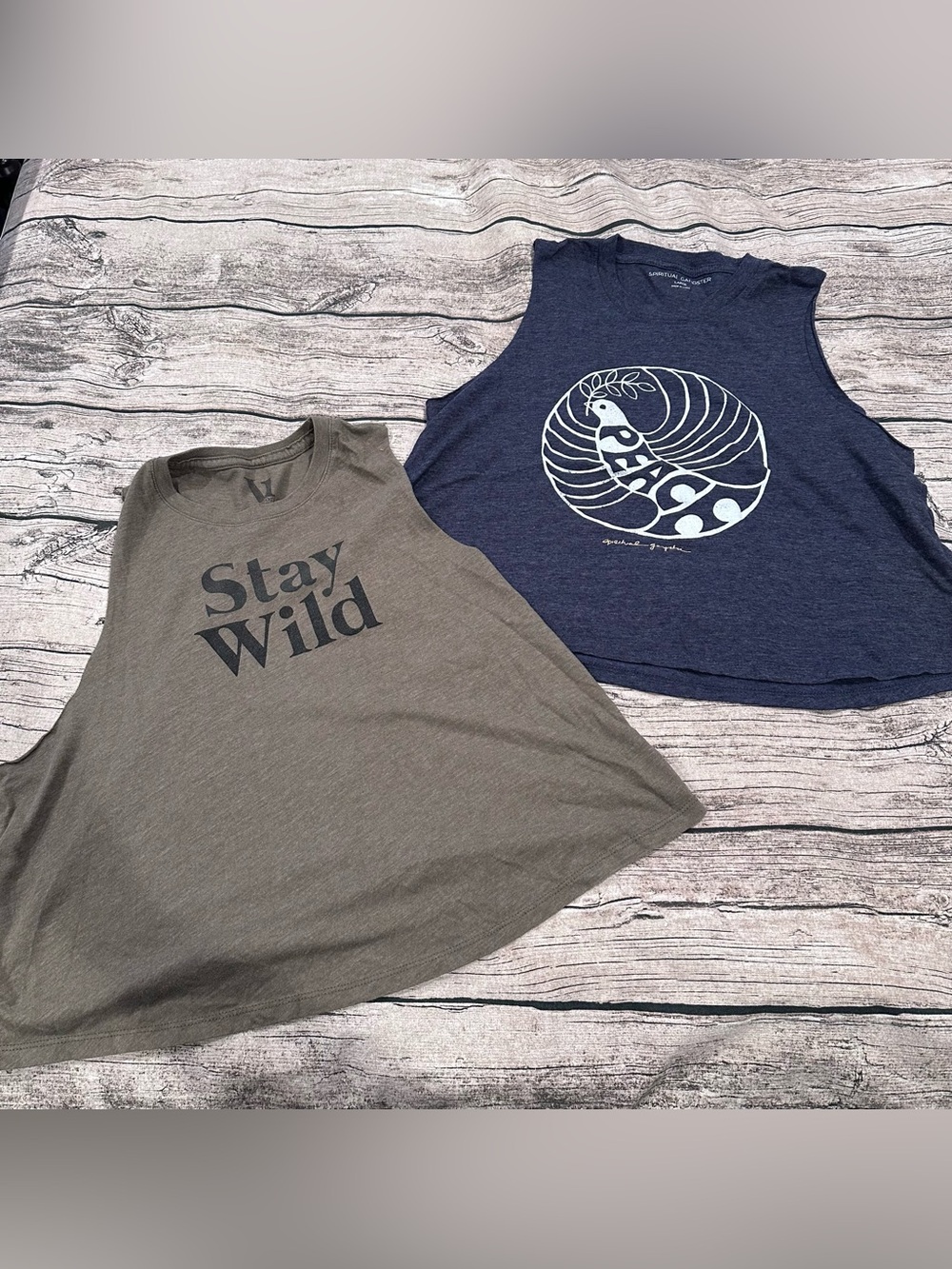 Lot of 2 Workout Tanks Vuori Stay Wild & Spiritual Gangster Peace Dove M/L